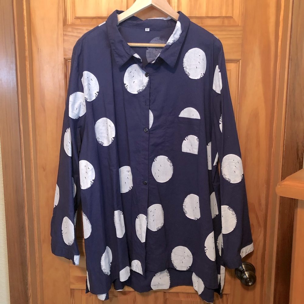 Womens COTTON Navy with Large White Polka Dots Button Up Top Shirt Blouse XXL